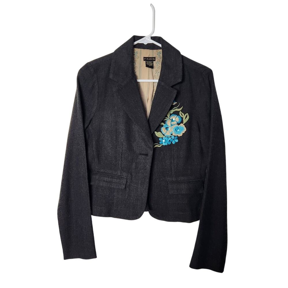 FANG Gray Herringbone Wool Blend Cropped Embroidered Blazer Jacket Size Medium